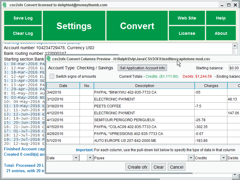 CSV2OFX Convert screenshot CSV2OFX Convert screenshot
