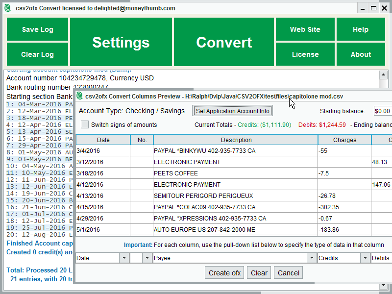 CSV2OFX Convert screenshot