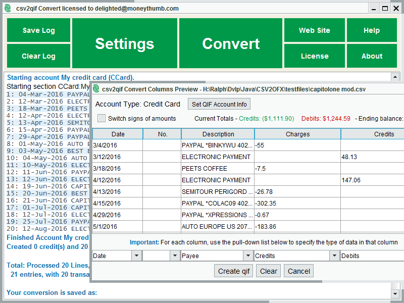 Windows 10 CSV2QIF Convert full