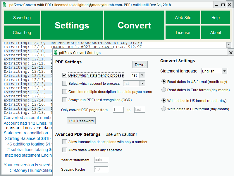PDF2CSV Convert screenshot