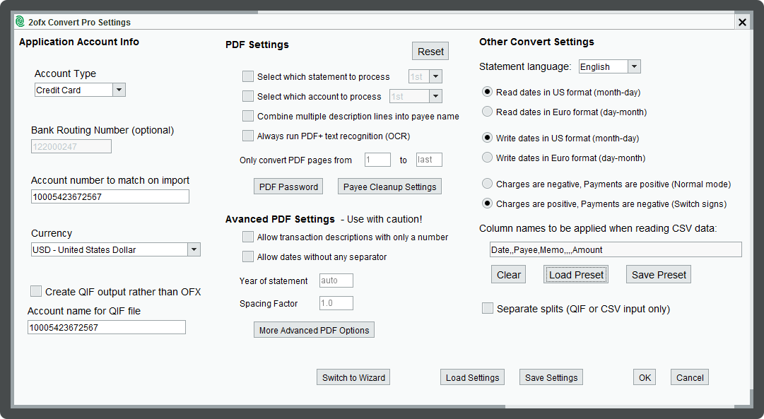 2OFX Convert Pro Settings