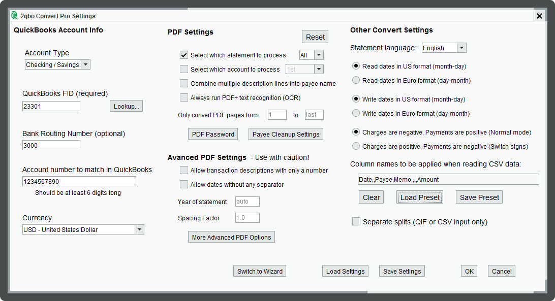 2qbo Convert Pro Settings