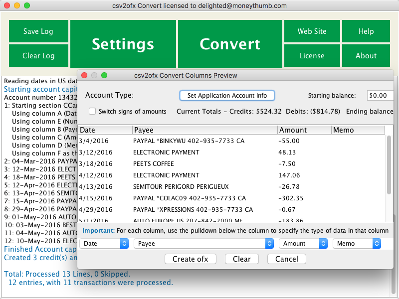 csv2ofx Convert MoneyThumb