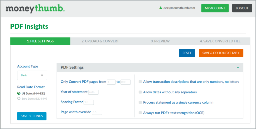 MoneyThumb PDF Insights File Settings Page