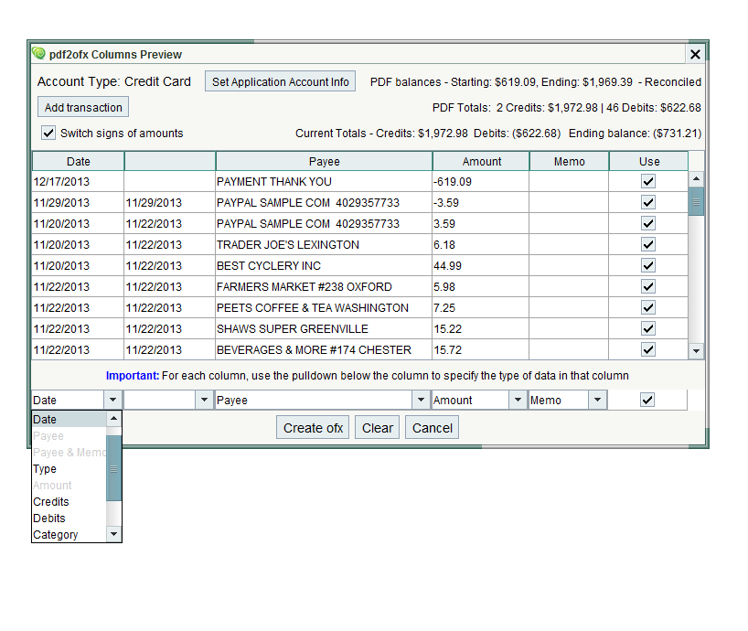 pdf2ofx Convert Preview