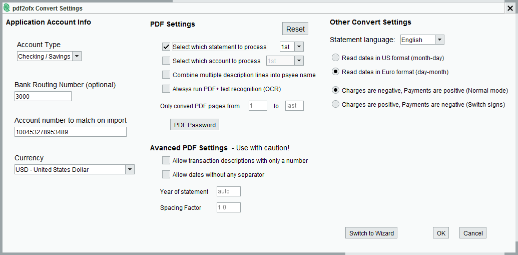 pdf2ofx Convert Settings