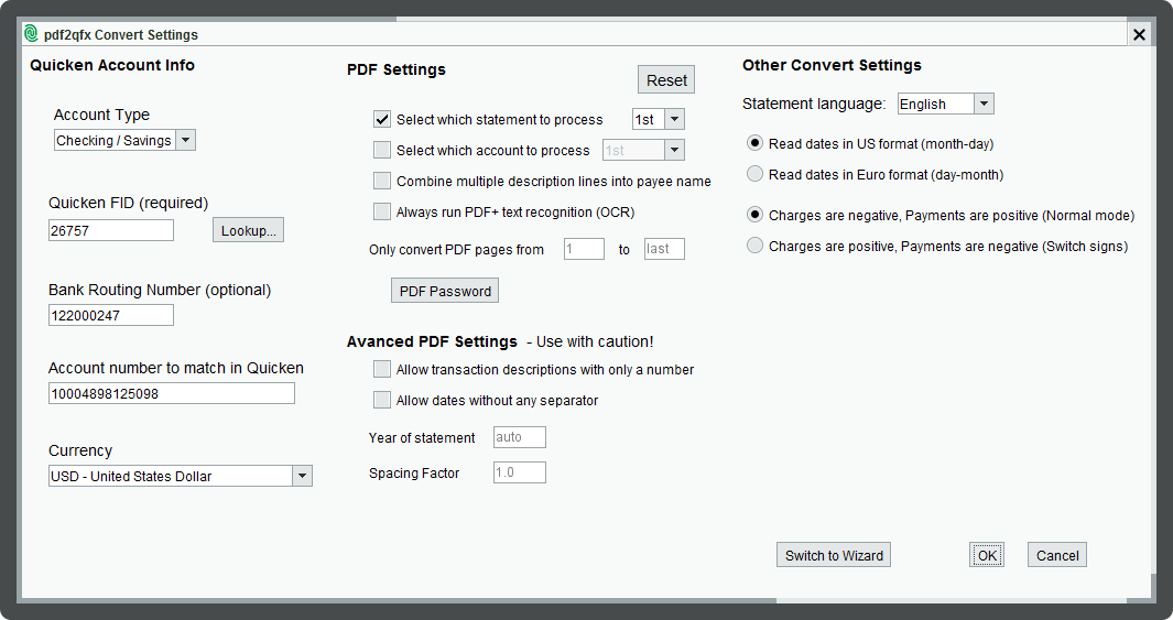 pdf2qfx Convert Settings