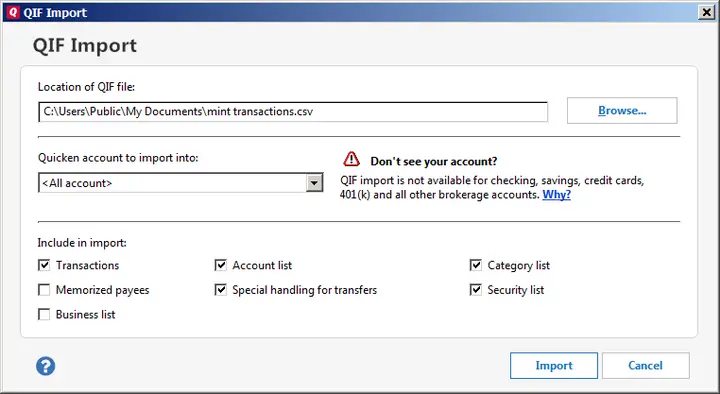 Quicken info dialog mint